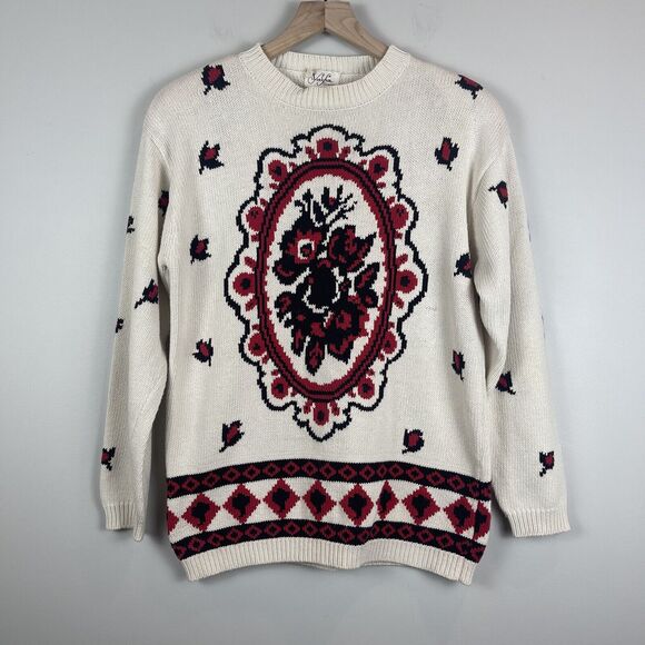 Vintage York Fair For Seiferts Womens Sweater Small White Floral Pattern Cottage - Picture 1 of 9